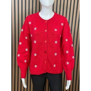 Talbots Women's M Red Sweater Polyester Cardigan Embroidered Holiday Snowflake